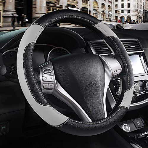 Leather Car Steering Wheel Cover, Non-Slip Car Wheel Cover Protector Breathable Microfiber Leather Universal Fit for Most Cars(Grey)