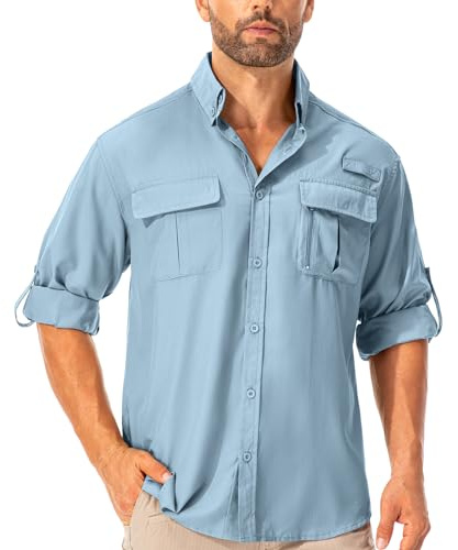 T-shirt cargo homme Protection solaire pour randonnée, pêche, safari - Bleu, M
