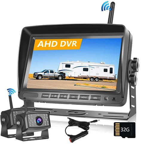 Hodozzy Digital Wireless Reversing Camera -7 Inch IPS Monitor AHD 2 Cameras Video Recording with SD Card, Front/Rear View Camera Waterproof Night Vision Wireless Reverse Camera 12V-36V for Car