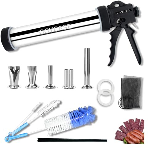 GGYCASE 2LB Large Capacity Stainless Steel Jerky Gun Kits, Sausage Stuffer Machine, Meat Gun, Beef Jerky Maker with 5 Stainless Nozzles 3 Brushes…
