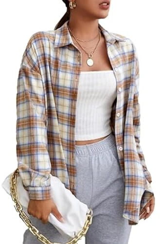 Zontroldy Womens Flannel Plaid Shirts Oversized Button Down Shirts Blouse Tops(0228-Caramel-M)