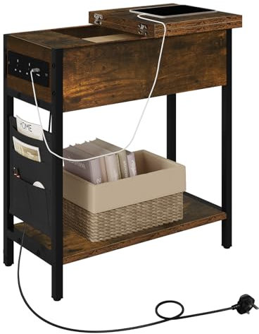 EUGAD Beistelltisch Nachttisch mit Ladestation, Sofatisch, Couchtisch mit Stauraum, Kleiner Tisch, USB-Anschluss, Steckdose, Tasche, klappbare Tischplatte, Vintagebraun