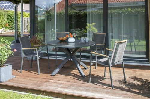 MR. DEKO® Gartenmöbelset Alicante Malaga Aluminium | 5-teilig 4X Diningsessel & 1x Tisch | Outdoormöbel Set Alu & Sitz- & Rückenbezug Rope | Stabile & wetterfeste Sitzgruppe Teakarmlehne