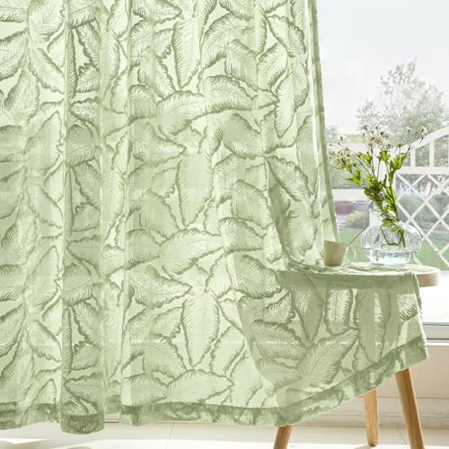 MIULEE Gardinen Voile Vorhang Vorhänge mit Blattmustern halbtransparent mit Ösen Curtains Schals für Wohnzimmer Schlafzimmer Kinderzimmer 2er Set 160×140cm (H×B) Grün