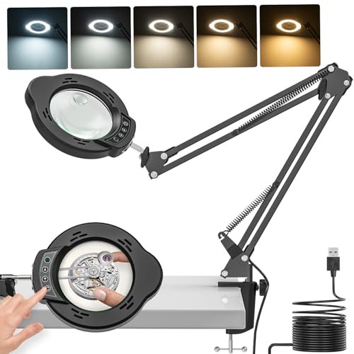 Jubor Improved Magnifying Glass with Light and Stand, 15X 10X Magnifying Lamp with Clamp, LED Desk Magnifier Lamp with 5 Color Modes and 10 Brightness Levels for Hobby Crafts, Repair, Reading
