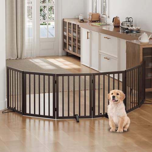 Dog Gates for Doorways, Foldable Dog Gate Indoor, Freestanding Pet Gates for Doorways Bedroom, Puppy Gate with Metal Support Feet, Room Divider 6 Panels (Brown)