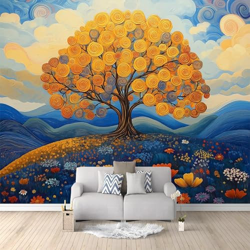 Papel pintado mural Árbol de la vida naranja papel pintado no tejido Azul amarillo Adecuado para habitación infantil, salón y dormitorio 250 x 175 cm papel pintado mural