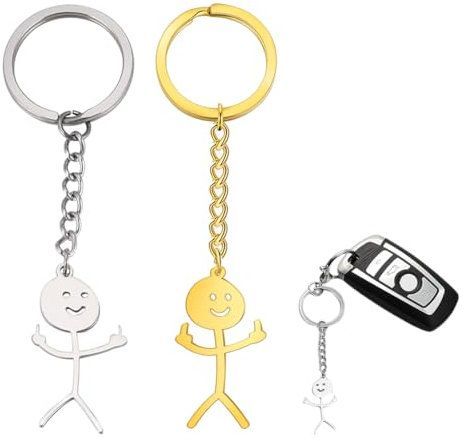 Confezione da 2 portachiavi con faccina divertente con linguaggio dei segni, portachiavi con faccina divertente, gadget carini, portachiavi regalo con ciondolo per coppia (1 oro e 1 argento)