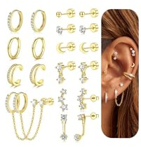 Roheafer Ensemble de Boucles d'Oreilles en Or pour Femmes - Créoles Huggie Plaqué Or 14K, Clous d'Oreille en Acier Chirurgical à Dos Plat, Bijoux de Cartilage pour Piercings Multiples Tons d'or