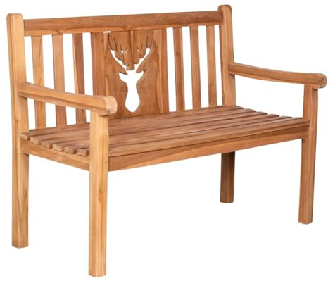 MR. DEKO® Banc de jardin motif teck | Banc en bois avec dossier | Banc de frison pour l'extérieur | 2 places 120 x 60 x 94 cm | Banc en teck massif et résistant aux intempéries pour jardin, balcon