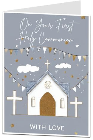 LimaLima First Holy Communion Card With Love Religious Card for Boys or Girls – Church and Cross Design