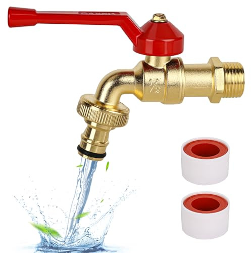 Garten Wasserhahn 1/2 Zoll aus Messing rost-und frostsicher, mit 1 * Gratis Schlauchanschlüsse,2x Rollendichtband,Absperrhahn Tropffrei, Wasserhahn Aussen Messing für Garten