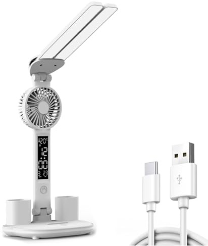 UncleS Lampada da 2 in 1 Scrivania con Ventola Rotante A 360 Gradi Display E Batteria 3200 mAh per Operazioni Silenziose A Due Padiglioni Scrivania