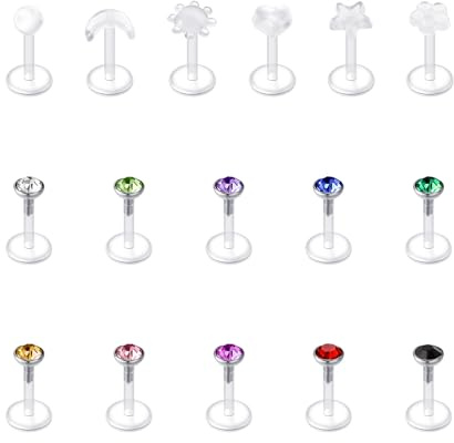 AVYRING 16G Bioflex Clear Studs for School Clear Nose Lip Labret Helix Tragus Cartilage Earrings Medusa Piercing Retainers 6mm, Mixed Styles 16Pcs