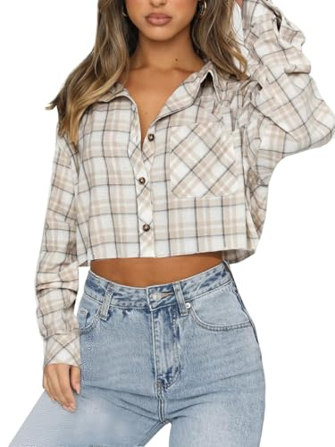 Dressmine Checked Shirts Womens Plaid Cotton Shacket Long Sleeve Casual Cropped Cream Cardigan Shirts Spring Fashion Size 12