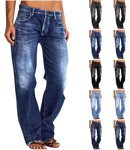 Wide Leg Jeans Woman Stretchy Baggy Loose Fit Mid Rise Denim Pants with Pockets Fashion Clothing Blue Long Jeans for Women Tall XL