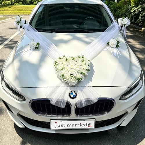 Vita hjärtformade bilsmycken bröllop motorhuv, bröllop bilrosetter, bilgirlang, bilsmycken brudpar rosdekoration, silkesblommor för bröllopsbil med extra starka sugkoppar och 2 x 240 cm organza