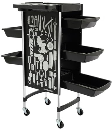 Beauty Frisörvagn rullvagn svart 6 våningar frisörvagn med 5 utdragbara lådor salong rullvagn med multifunktionella verktygshållare lastkapacitet över 80 kg