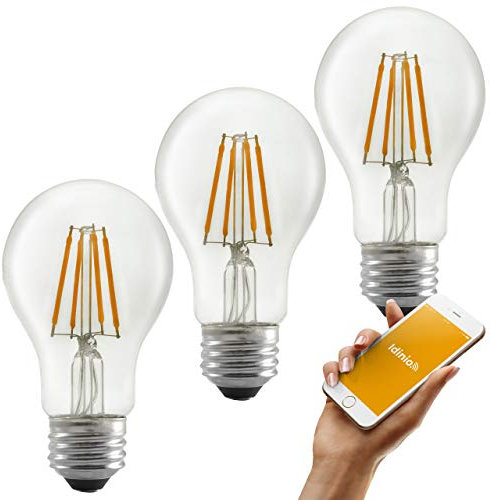 idinio® Smart LED-Glühbirne 500 classic, 3 Stück, E27, dimmbar per App, warmweiß 2.700 K, 5 Watt, 500 Lumen, sofort per WLAN ohne Gateway nutzbar, kostenlose App für iOS und Android, Skill für Echo