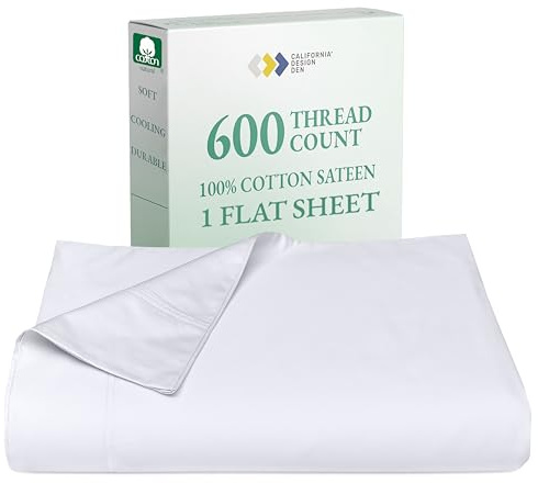 California Design Den King Size Flat Sheet Only - 100% Cotton, 600 Thread Count, Soft and Breathable Top Sheet, Sateen Weave, Premium-Feel Bedding, Featuring Foot Side Indicator - Bright White