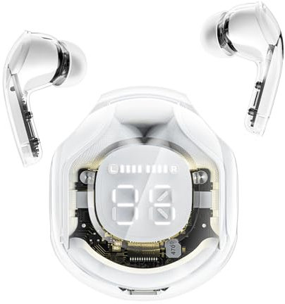 ACEFAST T8 Trådlösa bluetooth-hörlurar, in-ear hörlurar med ENC brusreducering och HiFi Stereo, genomskinliga hörlurar med LED-skärm, touch-kontroll vattentät sporthörlurar, vit måne