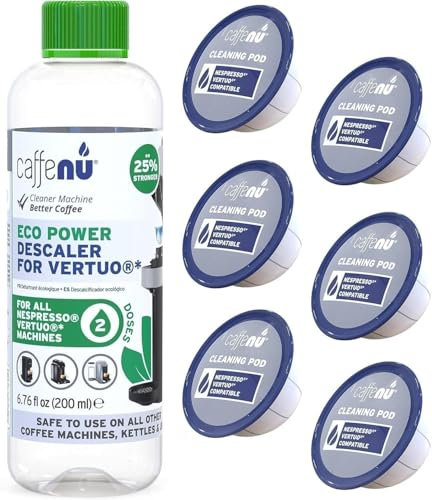 Descaling Kit and Cleaning Capsules Compatible With Nespresso Vertuo. 200ml Descaler Solution & 6 Cleaning Pods. Provides Hotter, Better Tasting Coffee. 4 Months Supply.