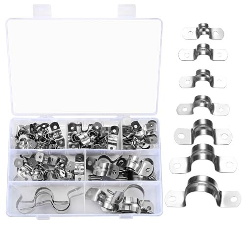 qxayxa 90 Pcs Stainless Steel U‑Shaped Pipe Clamps, Two‑Hole Pipe Straps, 7 Sizes, Rust‑Resistant Assortment for Tubing, Conduit, Hose and Cable Routing, Organized in Storage Box