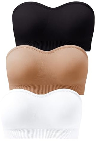 GXIN 3 Piece Women Strapless Bandeau Bra Padded Seamless Ladies Bralettes Stretchy Bandeau Tube Top Bras (UK, Alpha, XXL, Regular, Regular, Standard, Black, White, Nude)
