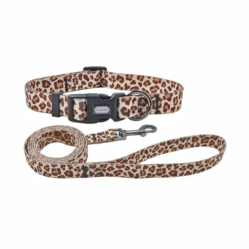 Olahibi Collier et Laisse pour Chien - Motif léopard - en Polyester - Collier réglable et Laisse Assortie de 1,5 m - pour Chiot (Taille XS, café Clair, léopard)