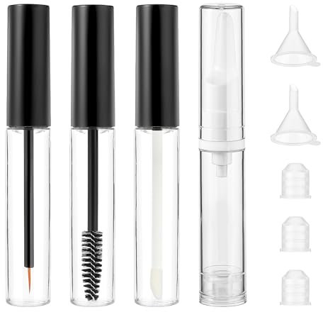 Telooco 4 Stück Leere Mascara Tube 10ml Nachfüllbare Mascara Flasche mit Wimpernpinsel Lipgloss Eyeliner Pinsel Vakuum Augencremeflasche Wimpernbürste Tubes Set mit 2 Trichter und 3 Stopfen (Schwarz)