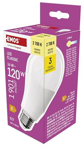 EMOS LED Lampe A70 - große Birne, 16W ersetzt 120W Glühbirne, klassiche Birne in größerer Form, E27 Sockel, Helligkeit 1901 lm, Warmweiß 2700 K, 30000 h Lebensdauer, CRI min. 80, 180° Abstrahlwinkel