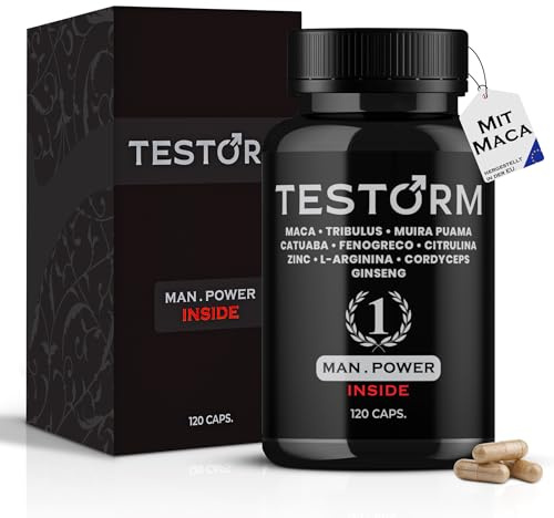 TESTORM Testosterona hombre | Maca Negra y Tribulus Terrestris | Ingredientes naturales, Vitalidad masculina | Zinc, L-Arginina y Ginseng | 120 Cápsulas
