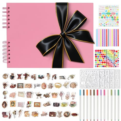 DazSpirit Album Fotos para Pegar y Escribir con Cinta Negra con Ribete Dorado, 80 Páginas Negras incl. 12 Rotuladores Metálicos, 11 Pegatinas, Libro de Firmas para Comunion, Bodas y Cumpleaños, Rosa