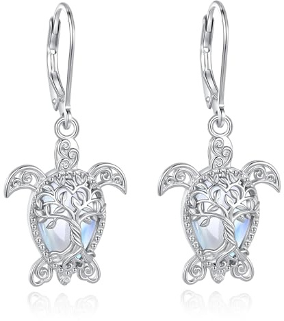 EUDORA Harmony Ball Boucles D'oreilles Créoles Tortue de Mer en Argent Sterling 925 pour Femme, Pendentif Tortue Arbre de vie en Pierre de Lune, Bijoux de Plage et D'été Cadeau pour épouse