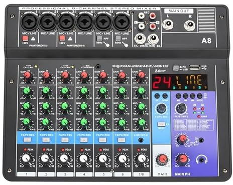 Ljudmixer, 8-kanals mixerkonsol 24 effekt 48V Bluetooth-ljudljudmixer USB PC-inspelningsbord