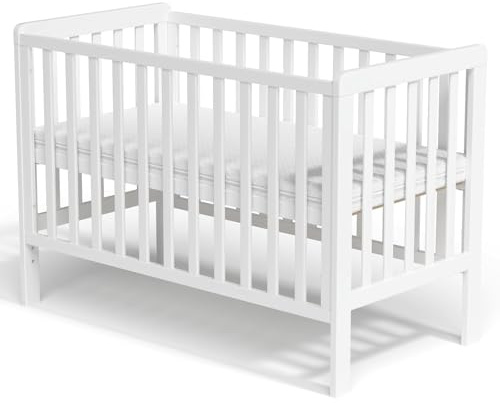 Wooden Baby Cot Bed With Deluxe Aloe Vera Mattress，Baby Crib，Convertible Cot，Baby Crib，3 Adjustable Bed Base Positions (120x60CM)
