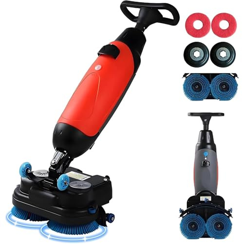 MLYYYDSS Autolaveuse Professionnelle 43 cm (17 po) avec Double Brosse, polisseuse multifonctionnelle à Batterie, Rotation à 360°, capacité de 1 200 m² (13 000 pi²), Moteur de 360 ​​TR/Min Red