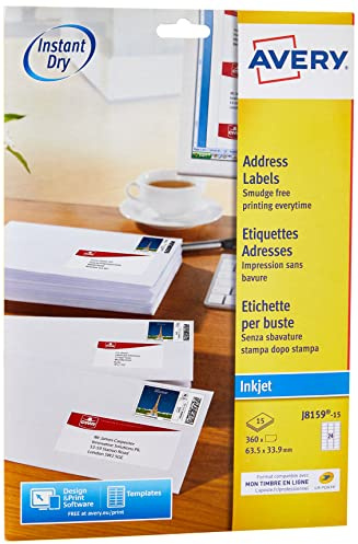 Avery Étiquettes Autocollantes Blanches 360 Pièces 63,5x33,9 mm J8159-15 - Feuille A4, Imprimante Jet d'Encre, Format Compact, Papier FSC, Compatible Mon Timbre en Ligne