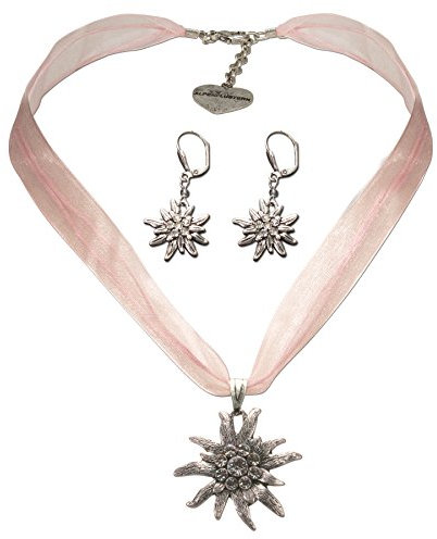 Alpenflüstern Trachtenschmuck-Set Organza-Trachtenkette und Ohrhänger Strass-Edelweiß - Damen-Trachten-Schmuck, Trachtenset Dirndl-Kette und Trachten-Ohrringe rosa-rosé SET019