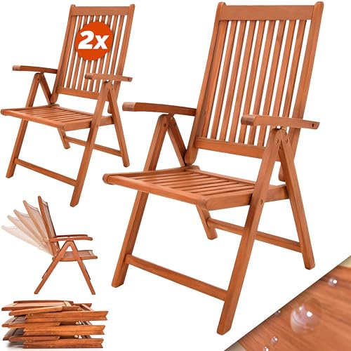 CASARIA® Wooden Garden Chairs Set of 2 - Folding Outdoor Chairs for Patio | Weather Resistant FSC®-Certified Eucalyptus Hardwood Foldable Dining Deck Seats - Vanamo