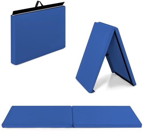 COSTWAY Tapis de Gymnastique Pliable Epais, Matelas d'Entrainement en Mousse et PU avec Poignées, pour Gymnastes Entraînements Yoga, 180x60x3,8CM (Bleu)