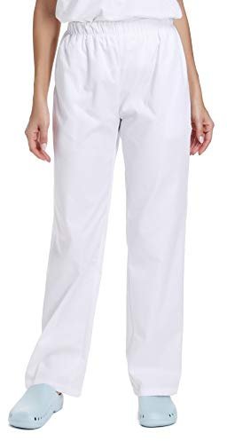 WWOO Damen OP-Hose weiße Schlupfhose Uniformen Hose Bundhose aus Baumwolle mit Gummibund professionelle Materialie Dicke L