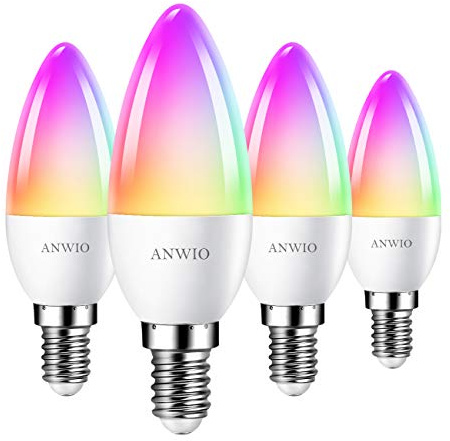 ANWIO Lampadina Alexa, Lampadina Smart,5W Equivalenti a 40W,470Lm,C37, Lampada Smart Wifi E14 con Telecomando Compatibile con Alexa, Echo and Google Assistant, RGB Intelligente Dimmerabile,4 Pcs