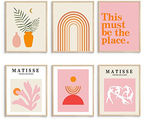 XBYGIMI Matisse – Lot de 6 impressions murales bohèmes sans cadre, images esthétiques minimalistes, ensemble imprimé rose, affiches orange pour chambre, 20,3 x 25,4 cm