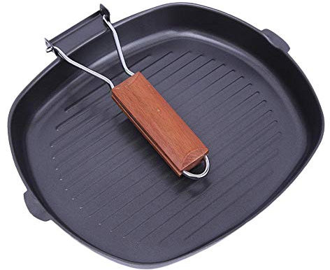 ReTaaj Non-Stick Frying Pan Flat Base Cast Iron Griddle Pan Foldable Wooden Handle Induction Skillets for BBQ Grilling Bacon Steak Fish & Meats (24CM)