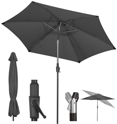 Sekey® 270cm Sonnenschirm mit Kurbel und Auto Kippen, Marktschirm für Terrasse，Balkon & Garten, Windfest Stabil UPF 50+,Grau,Rund