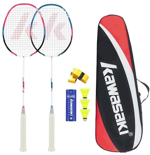 Kawasaki Badminton Racket Professional Graphite Badminton Set of 2 Lightweight Racquet for Sports, Training & Entertainment with 3 Badminton Shuttlecocks/2 Overgrips/1 Carrying bag (KD-3 RED BLUE)