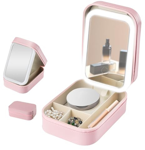 Travel Makeup Bag with Mirror, Vanity Case Lighted Cosmetic Case with 3 Color Light, Portable Travel Cosmetic Organiser with Compartments for Women Makeup Brushes & Lipstick (Pink)