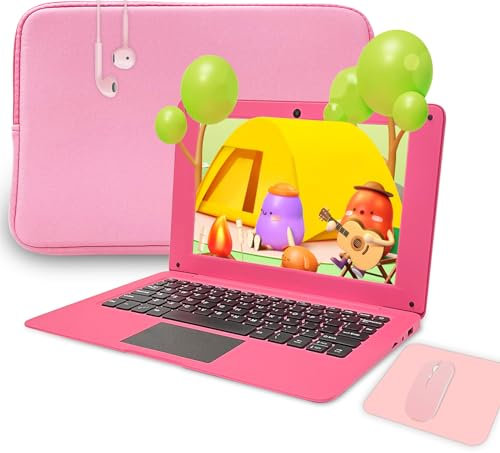aichiw 10.1 Inch Laptop Windows 10 Quard Core Notebook Lightweight Mini Netbook Computer with Intel CPU 4GB RAM 64GB eMMC Storage, Laptop Sleeve, Wireless Mouse, Headphone(Pink)