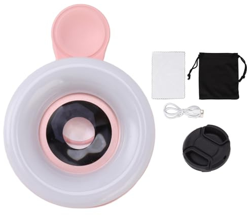 NOENNULL Obiettivo macro 15X per telefono con mini luce a clip, luce ad anello dimmerabile portatile ricaricabile per fotografia con smartphone, registrazione video della fotocamera, VLOG (rosa)